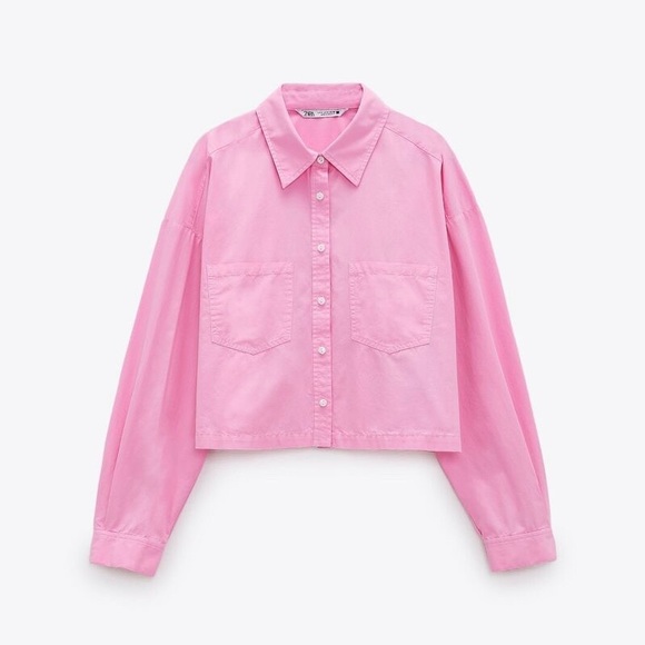NWT Zara Cropped Shirt Baby Pink Button Down With Pockets Size Large - Picture 4 of 6